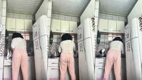 chubby housewife farting while washing dishes voyeur style