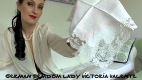 We sniff white, regal lace handkerchiefs – Lady Victoria Valente