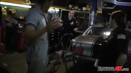 Mechanic shop owner gets his tool polished by horny female cops