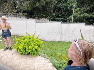 Grandma has bad intentions and convinces gardener to let her screw him in the booty with the thong-on