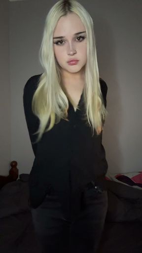 White trans girl in a black fishnet bodysuit teases her cock