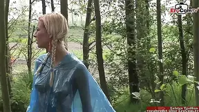 Teen blonde with big rack enjoys outdoor three-way