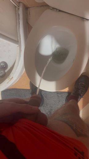 Skinny hung with tattoo&#039;s pisses in toilet