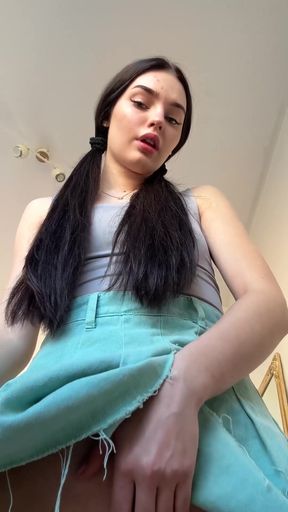 Woman in denim skirt
