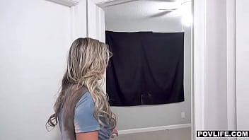 Wild blonde teen catches glimpse of huge cock, can't resist a public handjob