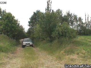 Picked up granny double penetration in the fields
