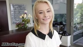 Small-titted teen soaks in sperm after sucking and getting fucked