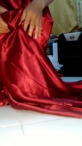 Pulsating Cum Into Red Satin Long Gown   Clip 1