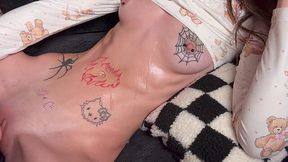 Inked and skinny teen - pleases herself with a thick dildo