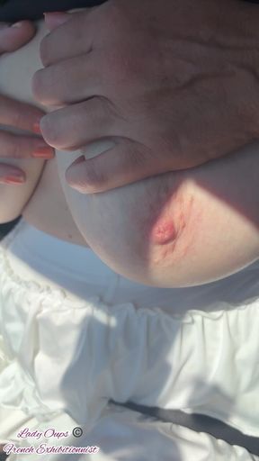 Lady Oops Slut Exhibitionist in Car Micro Skirt and Big Tits