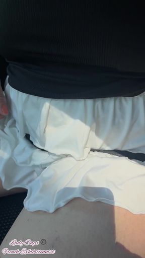 Lady Oops Slut Exhibitionist in Car Micro Skirt and Big Tits