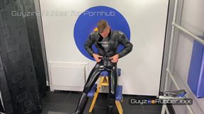 BEHIND THE SCENES of warm boy in cock-squeezing protection, footwear & leather biker jacket using a fleshlight on his massive man-meat