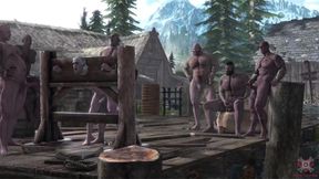 Geralt gets publicly gangbanged by a spitroast flogging crew in Skellige spring