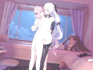 Honkai Impact Luna and Futa Elysia bonding over a thighjob