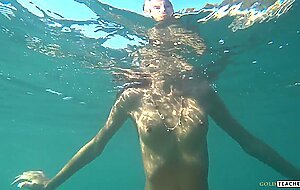 Goldteachers, naked model swims on a public beach in ru