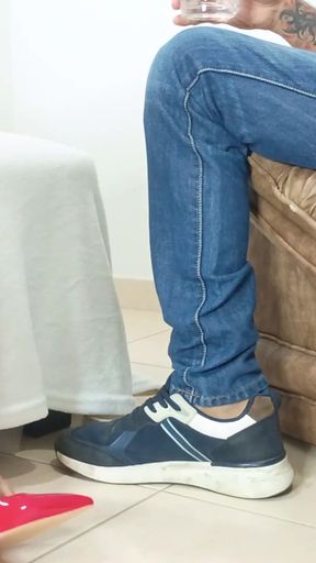 Masturbating my boss with the pronounced arches of my feet until he ends up in them   Clip 1