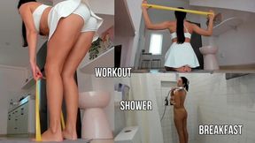 Workout for abs, chest, back, arms, strip, shower naked, breakfast - live stream