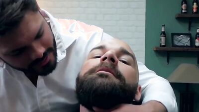 Bald hunk in a suit and tie rims and fucks his partner