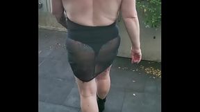 Kiwi MILF wears trashy revealing clothes at restaurant. Pisses on the ground in carpark