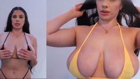 Mom with massive fake breasts and little beachwear striptease