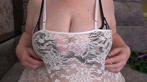 Holiday Bash Fuck Fest: Busty Slut Stuffing Her Giant Tits into a Sexy Bra, Close-Up