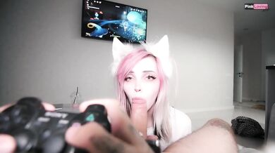Pov blowjob while playing genshin impact hard dick fucks tight petite pussy