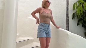 Desperate Wetting Denim Shorts on the Terrace: Can't Hold It Anymore