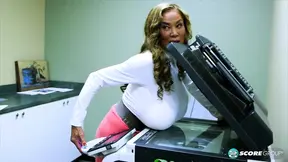 Busty Asian girl gives BJ and handjob at the office desk