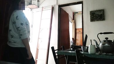 Housewife without panties shows her pussy to the technical service and spies on her having hard sex