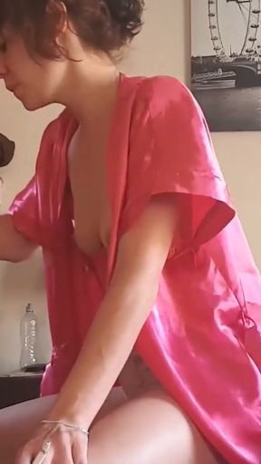 Girl in silk robe jerking cock and smoking cigarette   Clip 1