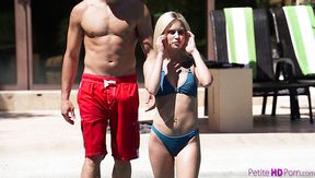Seductive blonde bikini girl Kiara Cole fucks doggy in the pool with her stud