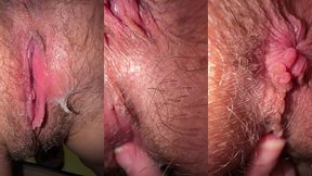 my fucking wet hole, begging for a dick during ovulation. close-up of a slut s hairy pussy and anus. pussy fingering