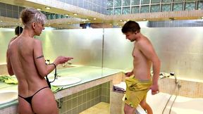 MATURE4K. Guy serves blonde with fit body by the pool