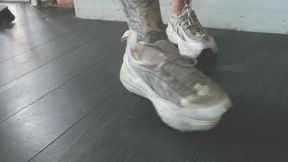 Giantess goddess Charlie Caroline Crushes a Modern Ford Mustang in chunky trainers close leg view