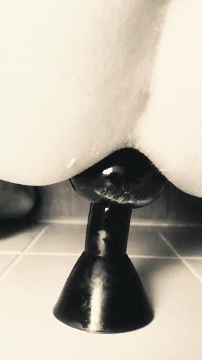 Thick Beads Dildo - First Time Anal Insertion on suction cup in Bathroom while wife is gone