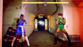 Christen Courtney as Cammy and Rina Ellis as Chun Li are making out