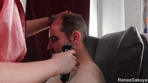 Shaving his head from multiple angles upclose 720p