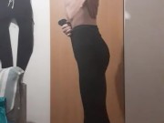 Baldy skinny teen shows off his ribs and small ass while in leggings