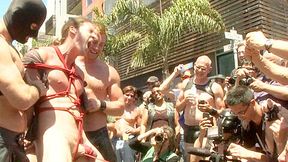 Bound hunk publicly tormented and gang fucked for his first Dore Alley