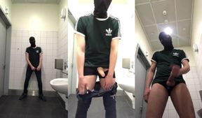 Public wanking at airport bathroom huge cumshot big cock masked jerk off challenge