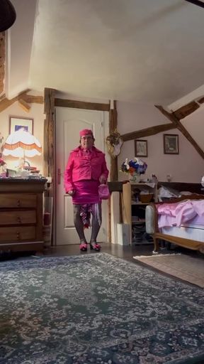 Dressed in a fuchsia miniskirt for her flight attendant party