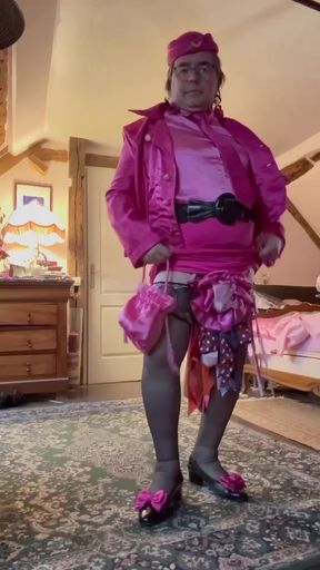Dressed in a fuchsia miniskirt for her flight attendant party