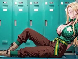 Ai - Blond Maid behind the bar, flushed in a constricted green striped uniform!