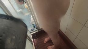 Shower with pents and hard cock
