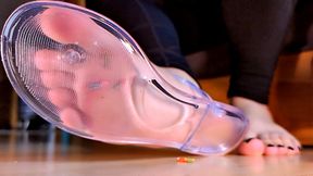 Tinies stuck inside Sandals (inshoe crush and trample, giant, transparent sandals, slow motion, foot smother, shrunk, shrinking) [1080p] - Slow motion