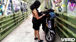 Real biker girl undresses on the road, teasing naked along the path, blowjob