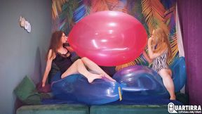 Q841 Cosette and Mariette blow to pop big double-valved balloon - 1080p