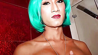 Green haired sexy Thai shemale slut Creamy gets barebacked : Part 2