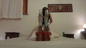 I bound my wife on the bed on pantyhose and high heels, throated and fucked with no mercy