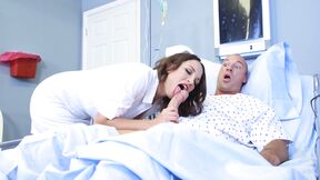 Nurse Lily Love in white nylons rides her patient on a hospital bed